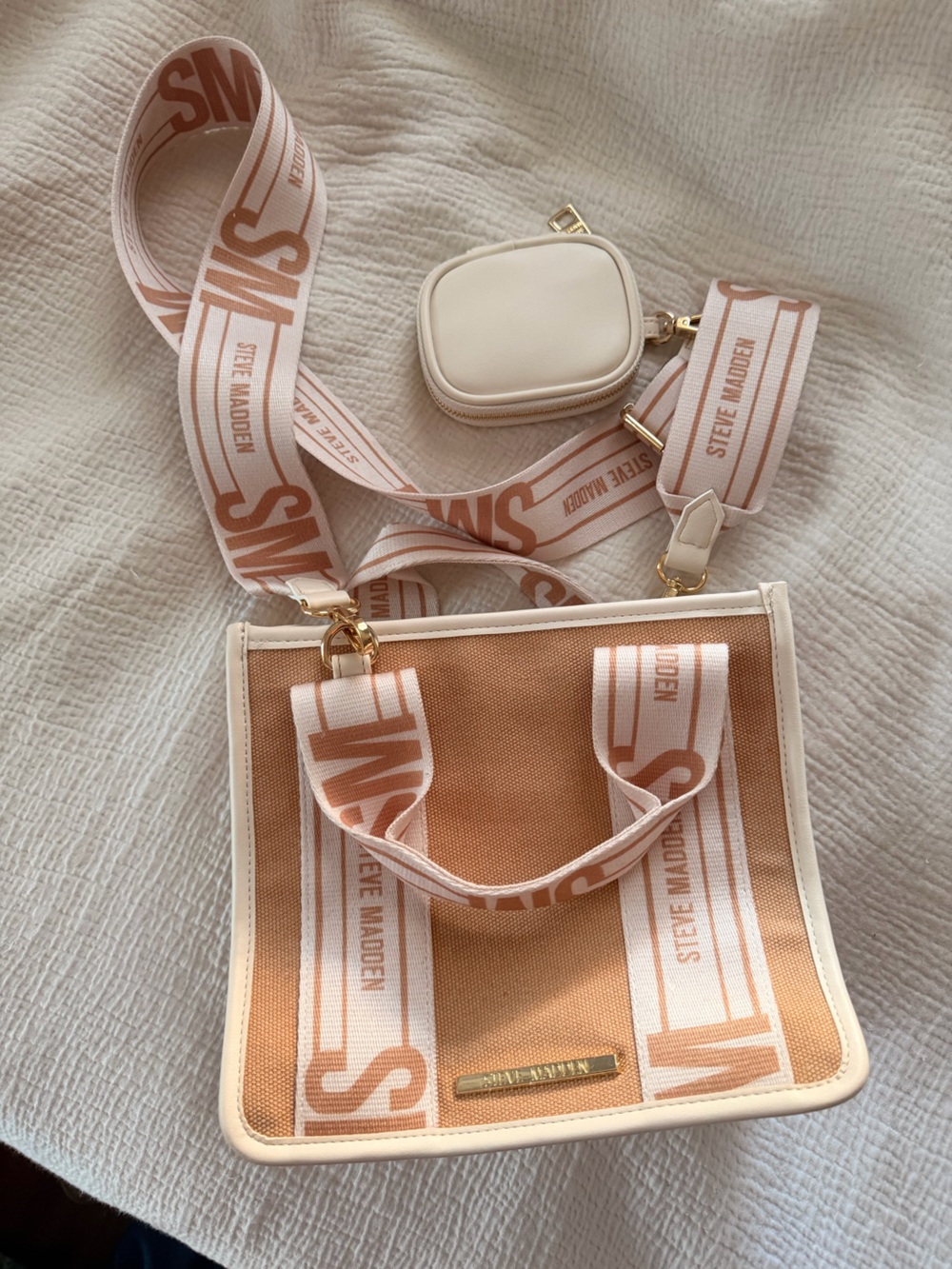 Steve Madden Tan & Cream Logo Strap Mini Canvas Tote